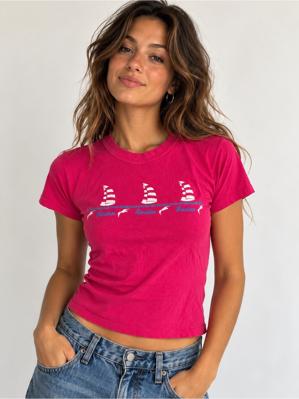 Vintage 80s Baby T | Boston Sailboat Graphic | XS-S women’s | Costal Preppy